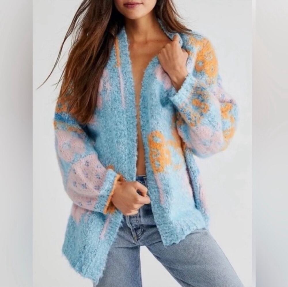 Free People Gather Me Close Cardigan Sweater Floral Oversized Cozy Medium